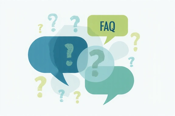 Abstrakcyjna grafika przedstawiająca sekcję FAQ z dymkami mowy i znakami zapytania, czysta i informatywna.